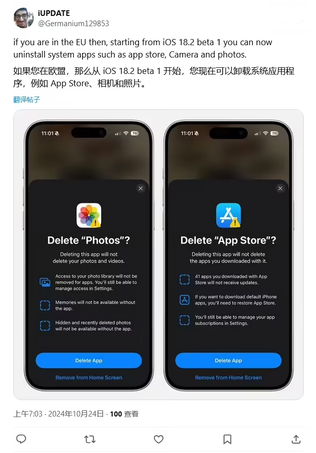 逊克苹果手机维修分享iOS 18.2 支持删除 App Store 应用商店 