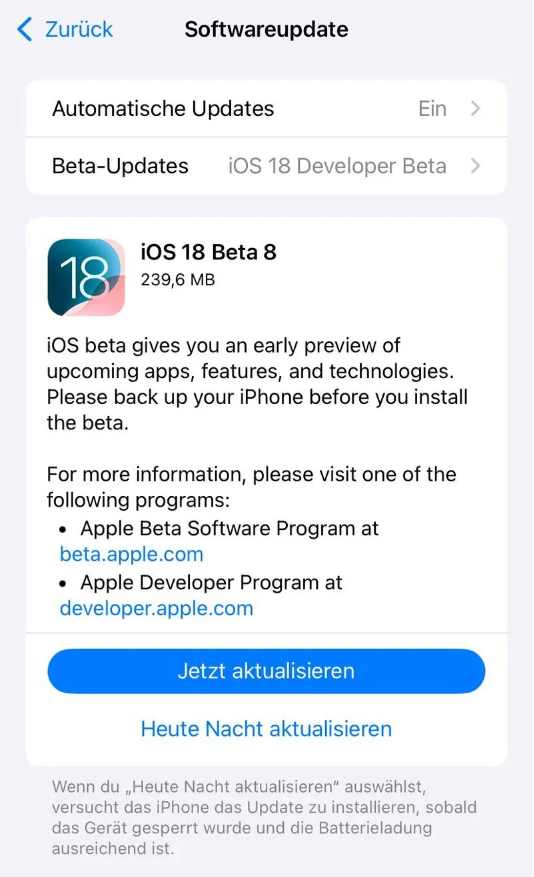 逊克苹果手机维修分享苹果 iOS / iPadOS 18 开发者预览版 Beta 8 发布 